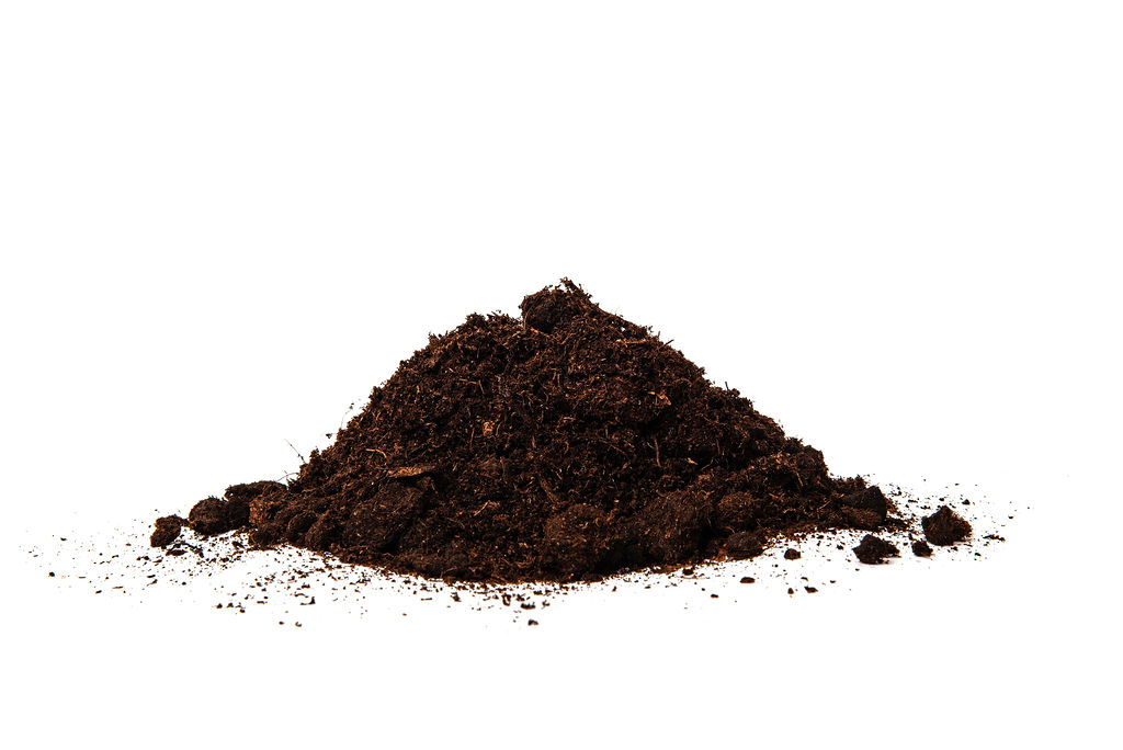 A pile of dark brown peat substrate with a fine texture, isolated on a white background.