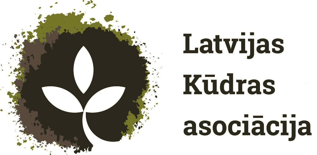 Logo of Latvijas Kūdras asociācija with a stylized plant icon on a soil-textured background.