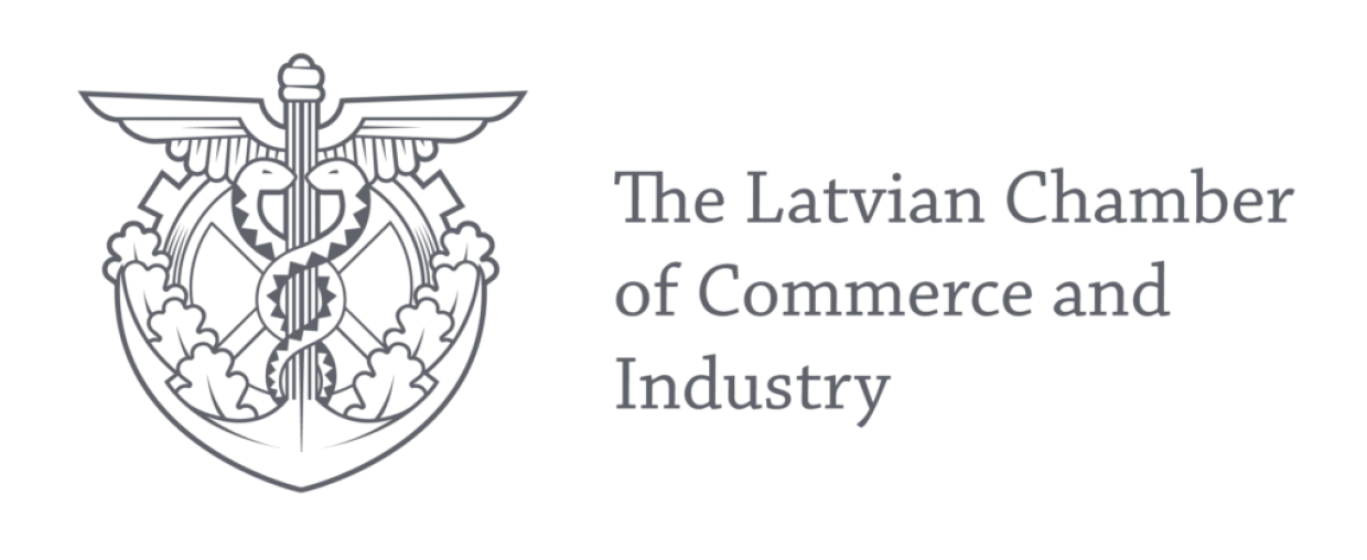 Logo of The Latvian Chamber of Commerce and Industry with an emblem of wings, anchor, and caduceus