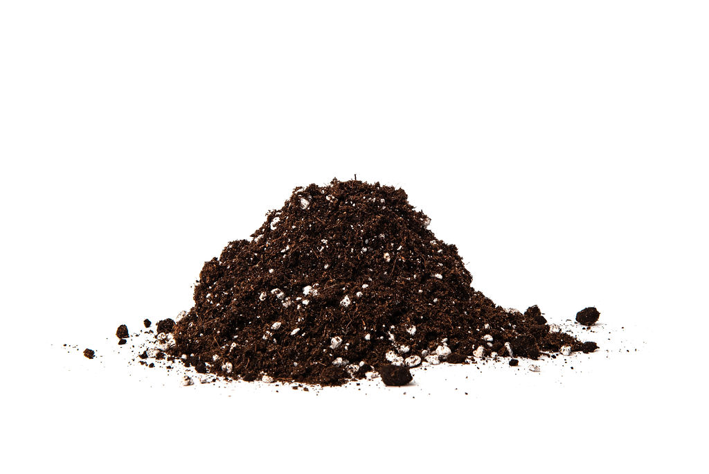 A pile of dark brown peat moss mixed with white perlite granules, isolated on a white background.