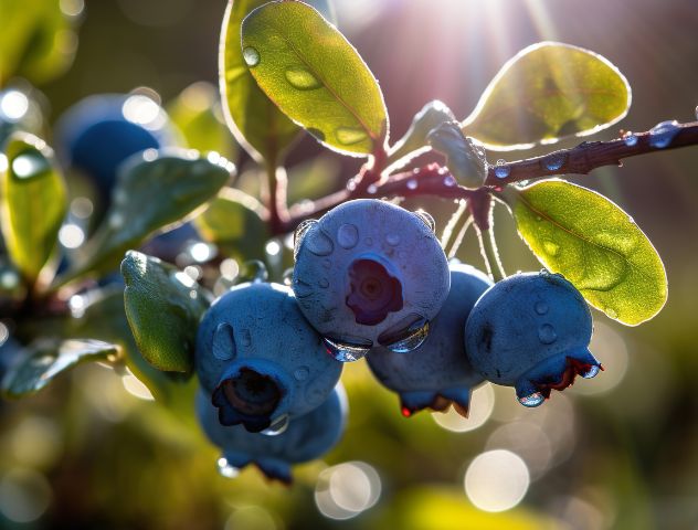 Close-up of fresh blueberries on a branch with dew drops, illustrating the effectiveness of peat-based substrates for berry cultivation, etepek.