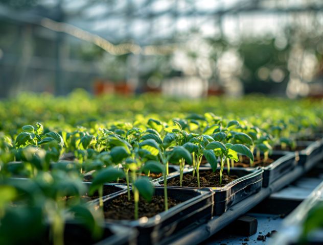 Healthy green seedlings growing in trays inside a greenhouse, illustrating optimal conditions for plant propagation, etepek