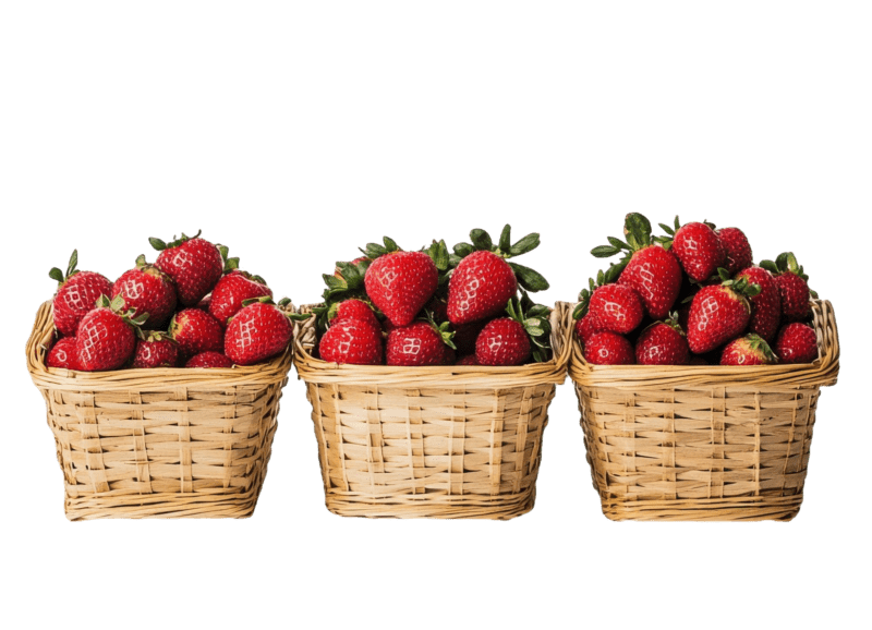 Fresh strawberries arranged in wicker baskets, emphasizing their vibrant color and quality, ideal for showcasing ETEPEK’s commitment to sustainable agriculture.