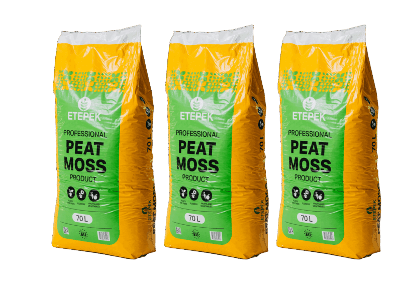 Three yellow ETEPEK professional peat moss bags, each with a 70L capacity, featuring green and white branding and labeled for plants, trees, flowers, and fruits and vegetables.