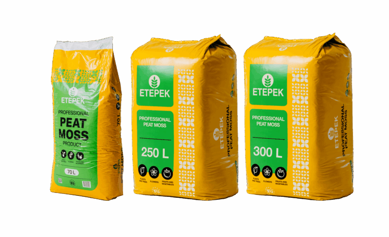 Three yellow ETEPEK professional peat moss bags in different sizes: 70L, 250L, and 300L, with green and white branding and labeled for plants, trees, flowers, and fruits and vegetables