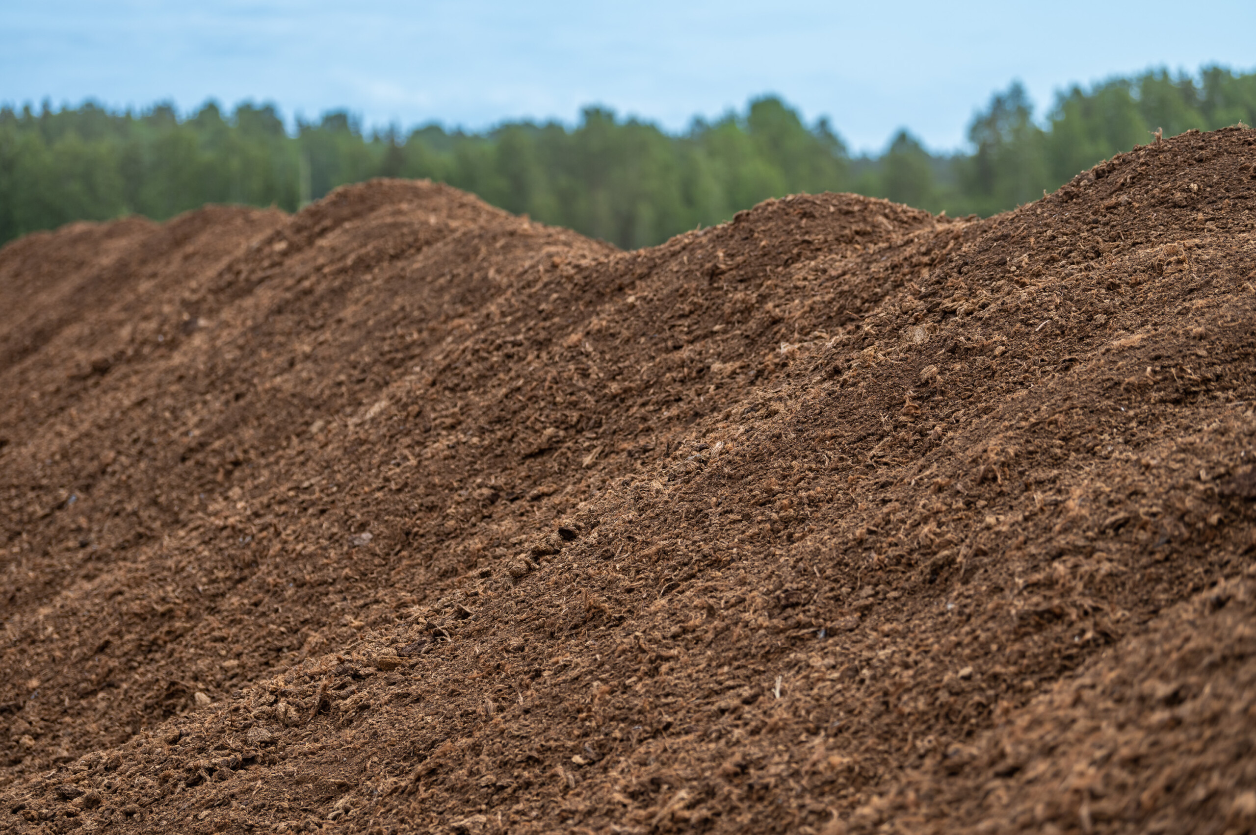 A close-up of a large pile of brown peat moss, with a backdrop of green trees and a cloudy sky.