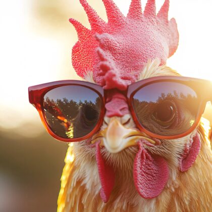 A close-up of a chicken wearing sunglasses, standing outdoors against a bright, sunny background, symbolizing a fun and creative depiction of poultry in a vibrant setting.