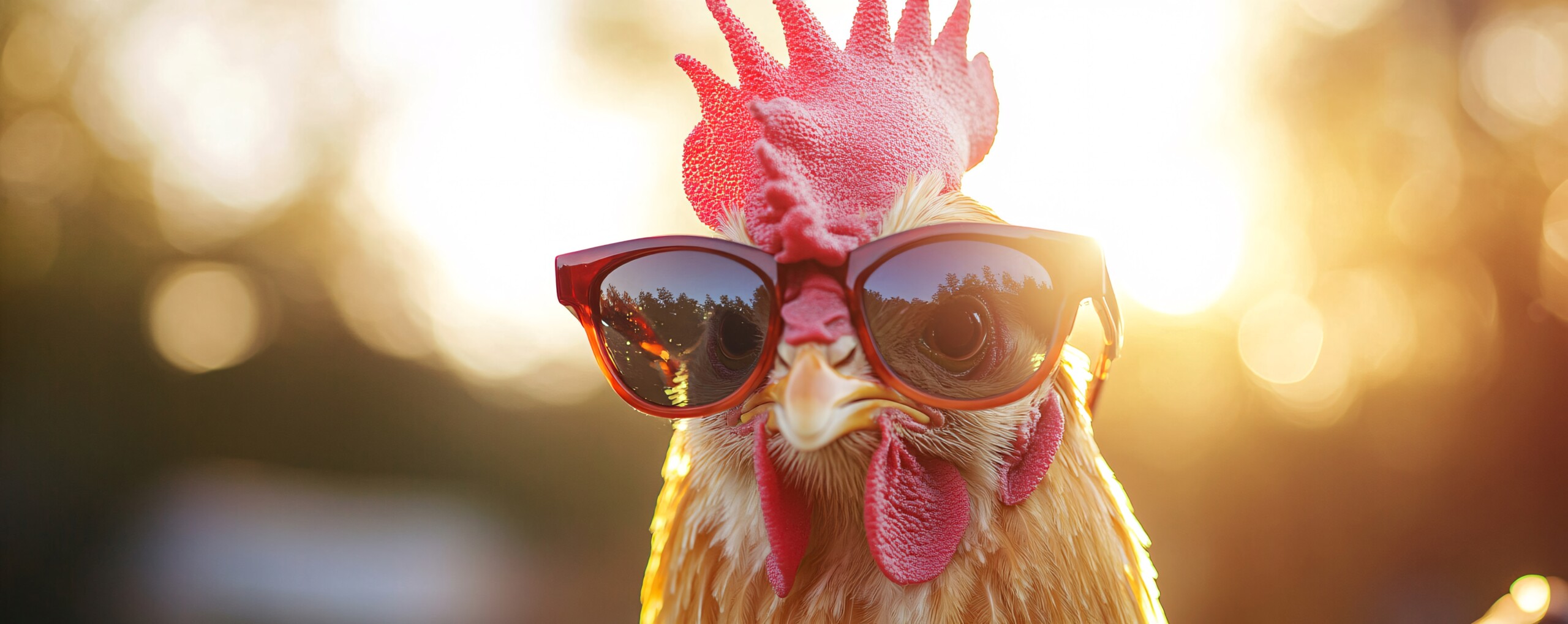 A close-up of a chicken wearing sunglasses, standing outdoors against a bright, sunny background, symbolizing a fun and creative depiction of poultry in a vibrant setting.