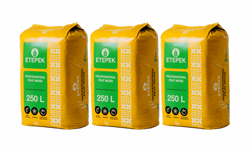 ETEPEK professional peat moss bags in different sizes: 250L, with green and white branding and labeled for plants, trees, flowers, and fruits and vegetables