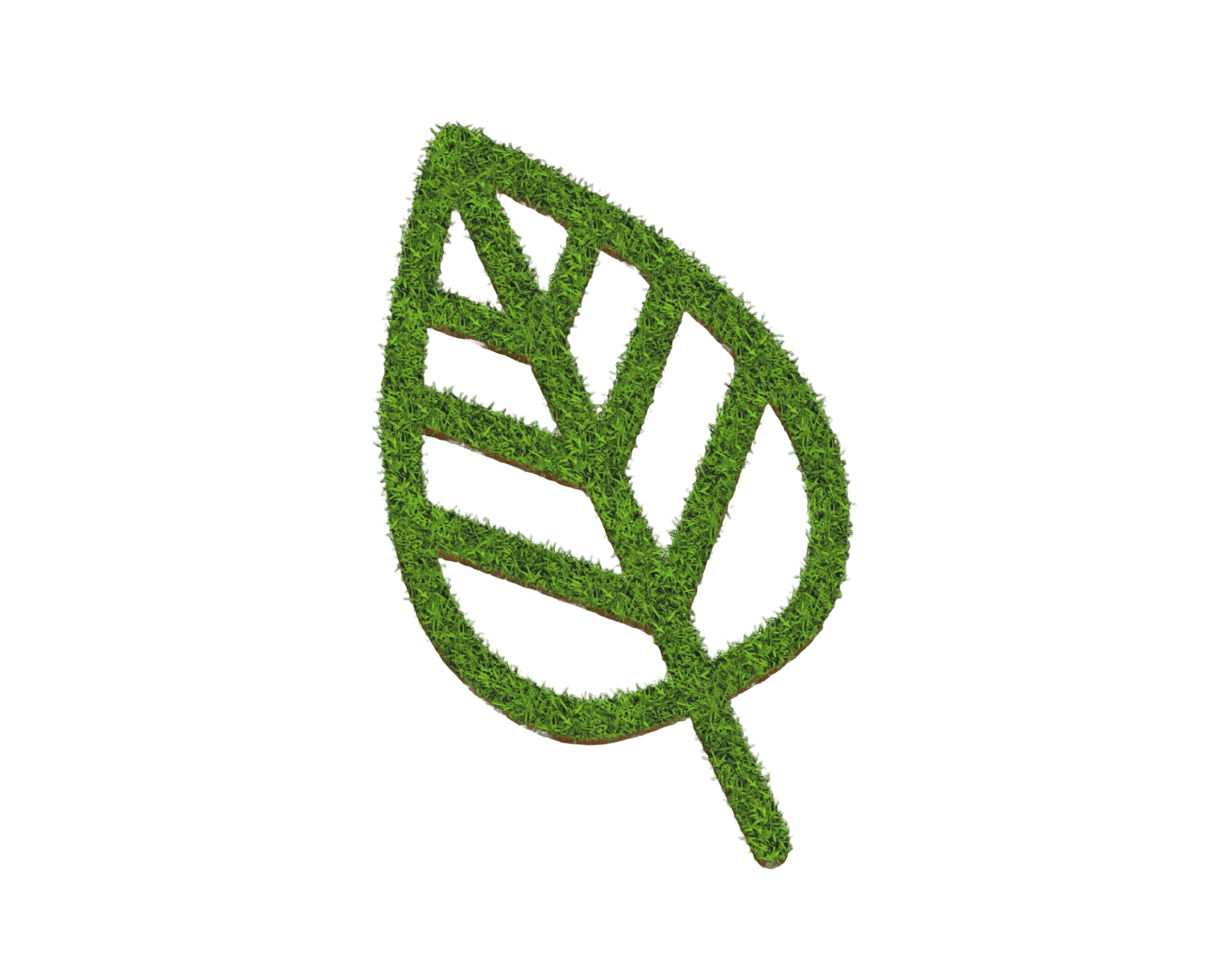 Green leaf shape made from grass texture on a white background, representing eco-friendliness and sustainable solutions.