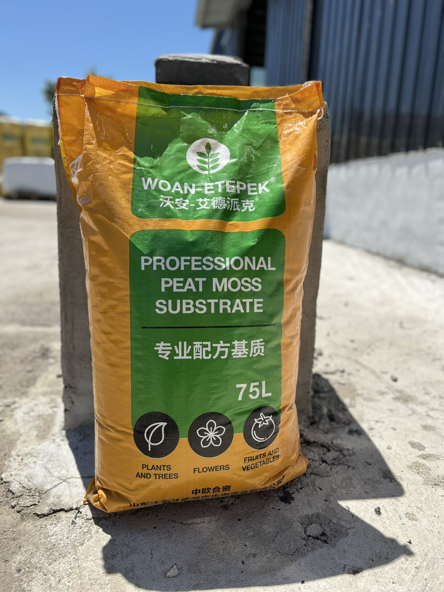 A 75L bag of WOAN-ETEPEK Professional Peat Moss Substrate, labeled for plants, trees, flowers, and fruits and vegetables, placed outdoors near a concrete structure under bright sunlight.