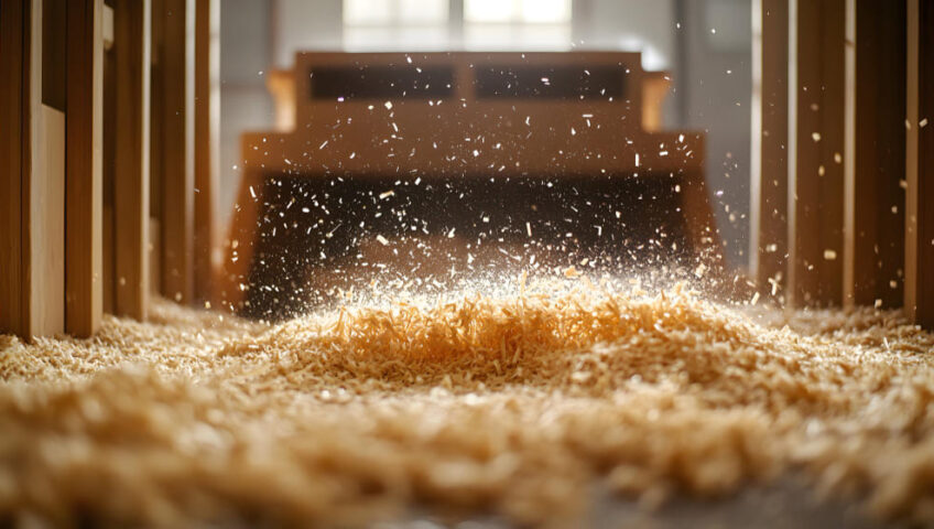 Fine wood shavings being spread in a well-lit barn, with dust particles suspended in the air, emphasizing the softness and cleanliness of dust-free bedding for livestock, etepek