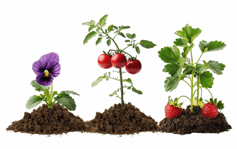 Pansy flower, tomato plant, and strawberry plant growing in dark soil, isolated on white.