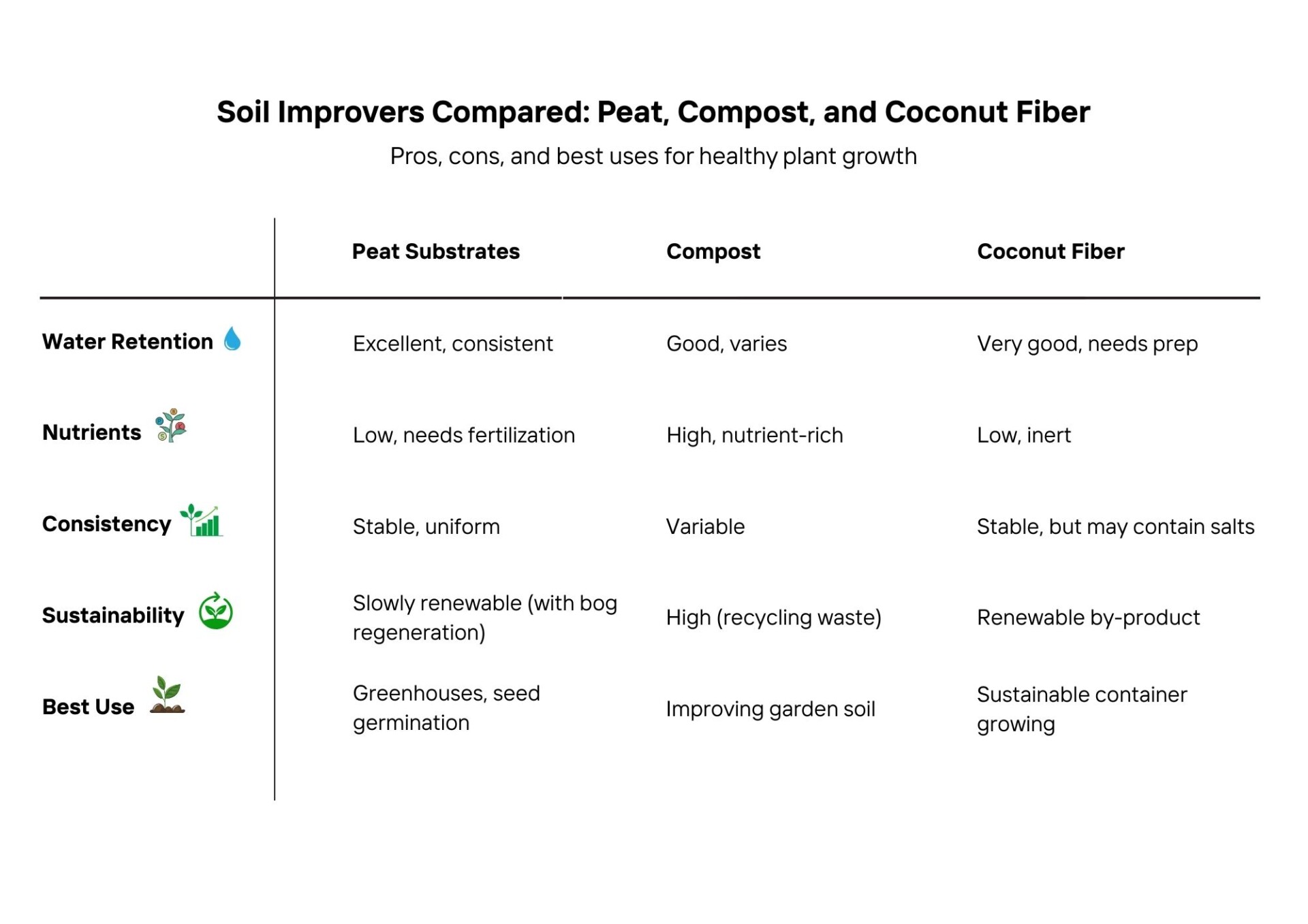 Infographic comparing peat, compost, and coconut fiber as soil improvers, ETEPEK