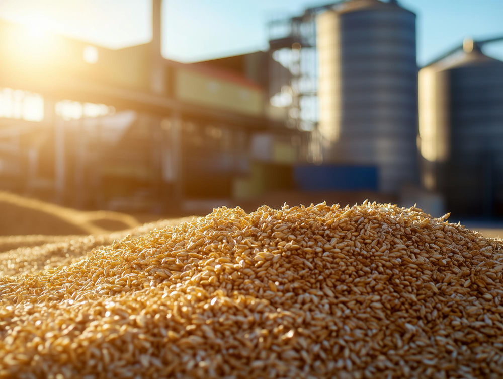 Golden grains in sunlight with silos in background, symbolizing safe storage and export operations at ETEPEK.